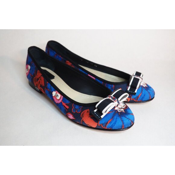 Christian Dior Blue & Red Floral Bow Flats, Size 5 (US) 35 (EU) - Picture 1 of 11
